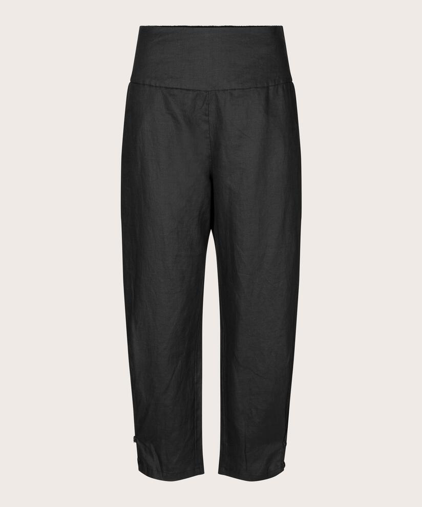 Leinenhose mit breitem, gesmoktem Gummizug hinten und Knopfdetail, Black