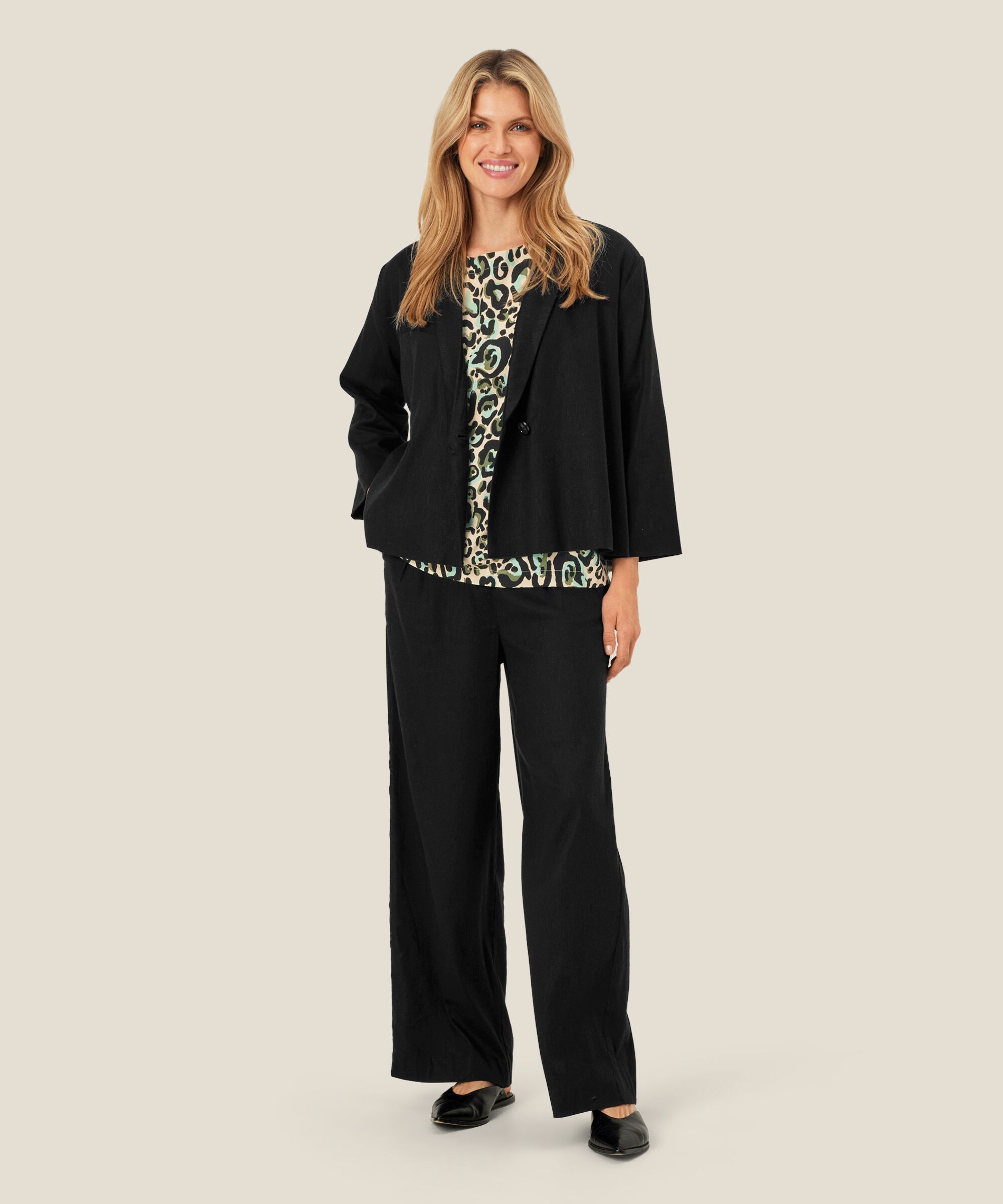 Blazer aus Leinenmischung mit Ein-Knopf-Verschluss, Black