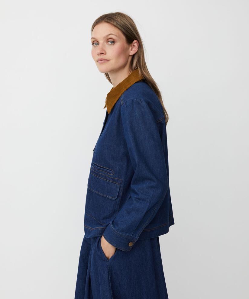 Jeansjacke mit Samtkragen und Fronttaschen, Dark Denim