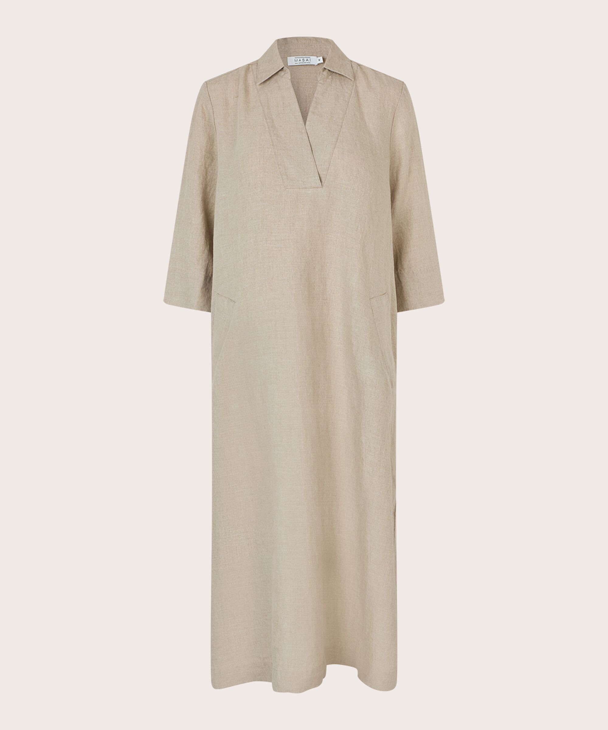 Leinenkleid mit V-Ausschnitt und Taschen, Natural