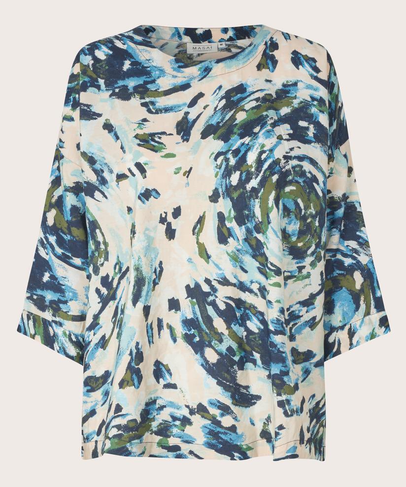 bedruckte Bluse mit 3/4-Ärmeln und Rundhals, Cendre Blue