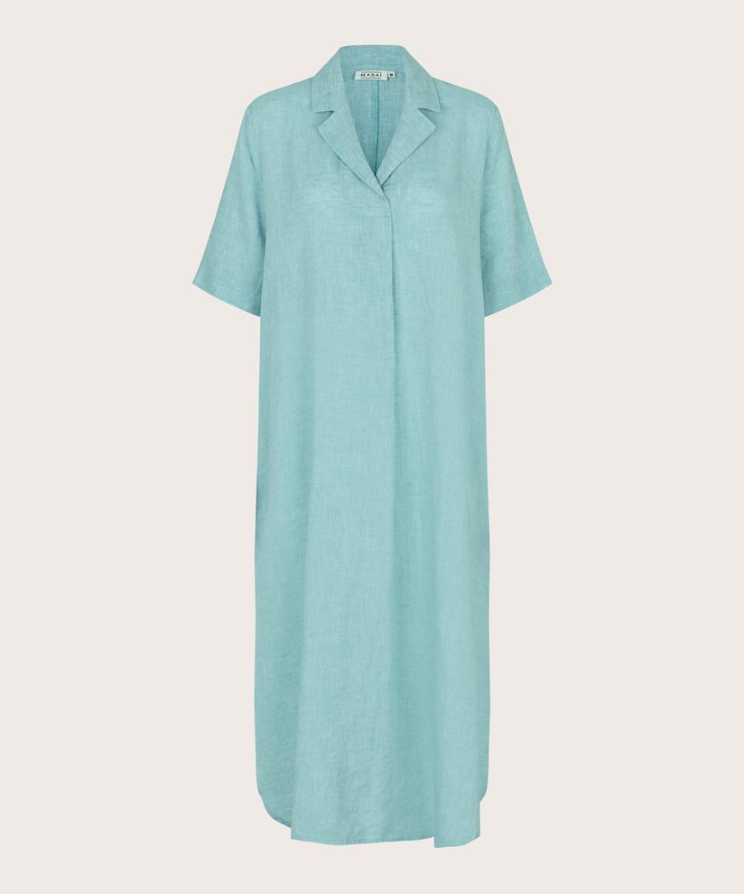 Leinenkleid mit Eingrifftaschen und Seitenschlitz, Aqua