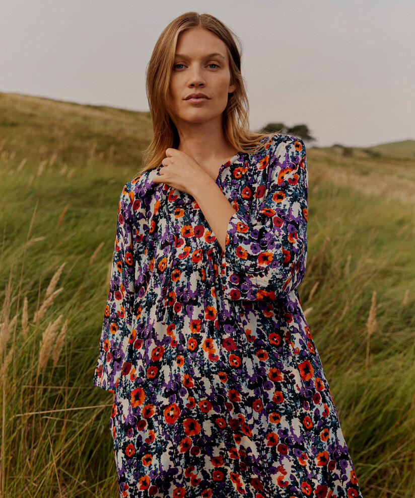 Geblümtes Viskosekleid mit Bindebändern und Eingrifftaschen, Meadow Violet