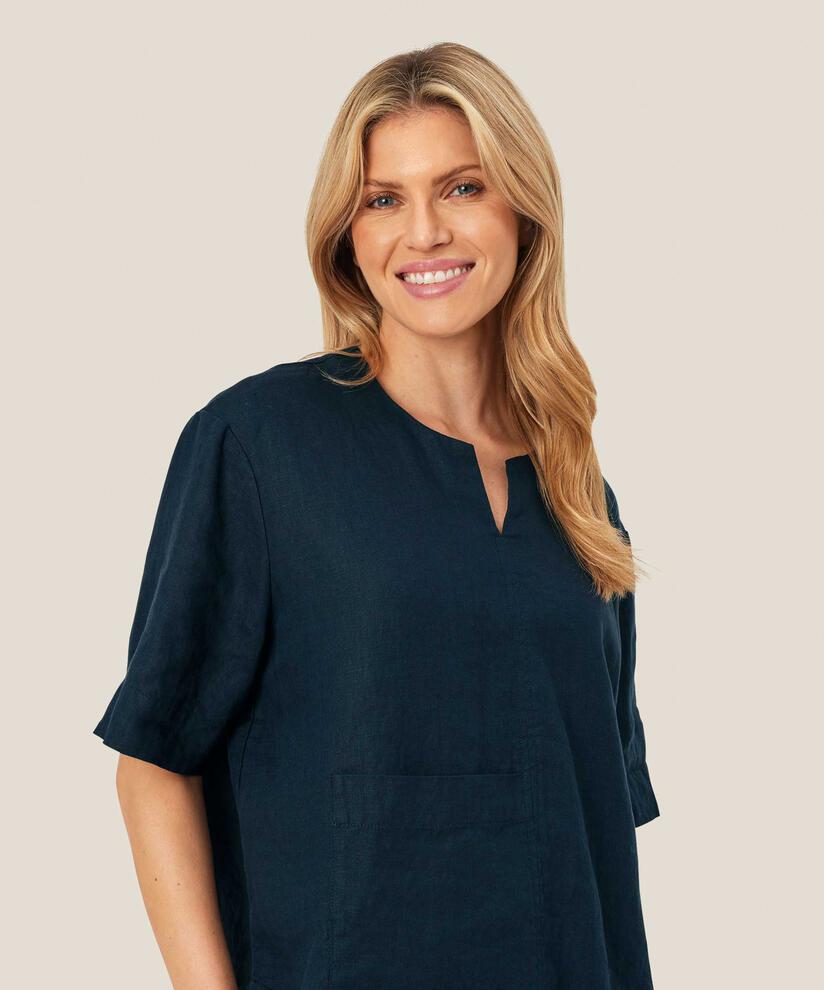 Bluse aus Leinen mit Vordertasche, Navy