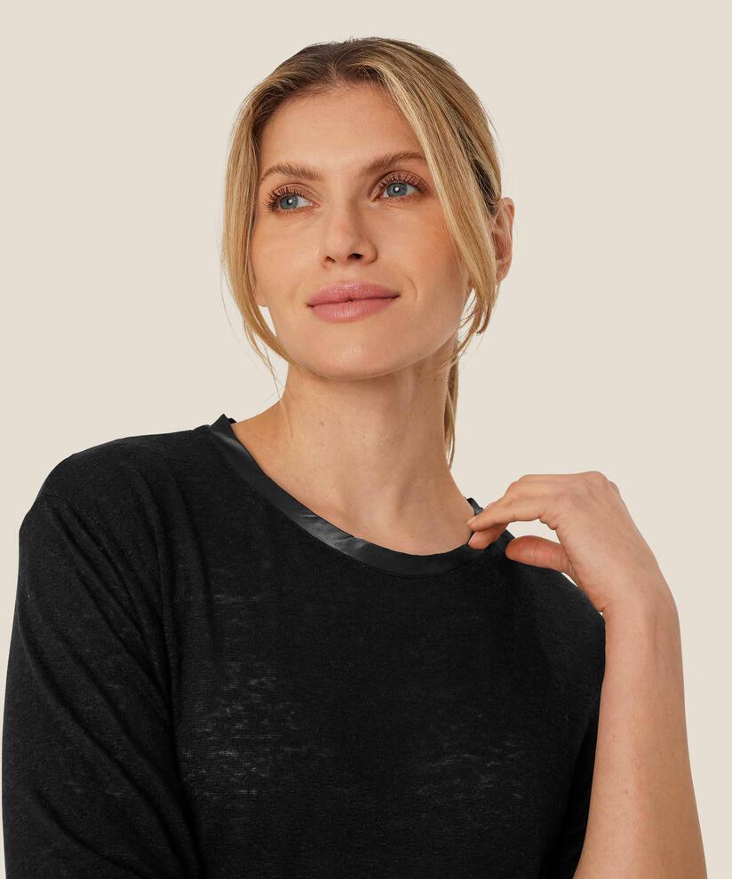 Top aus Leinenmischung mit Rundhalsausschnitt und 1/2 Ärmeln, Black