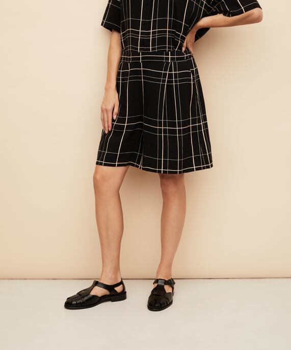 Shorts aus bedrucktem Leinenmix mit Gummizug hinten, Black