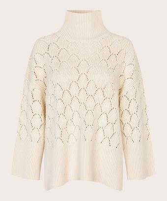 Strickpullover mit dekorativem Lochmuster und Rollkragen, Whitecap