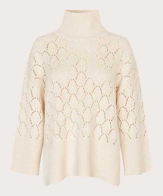 Strickpullover mit dekorativem Lochmuster und Rollkragen, Whitecap
