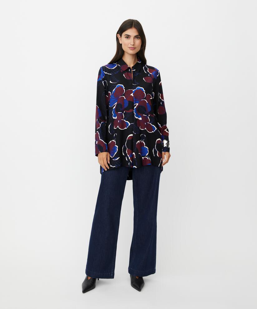 geblümte Viskose-Tunika mit Knopfdetail am Hals, Tawny Port