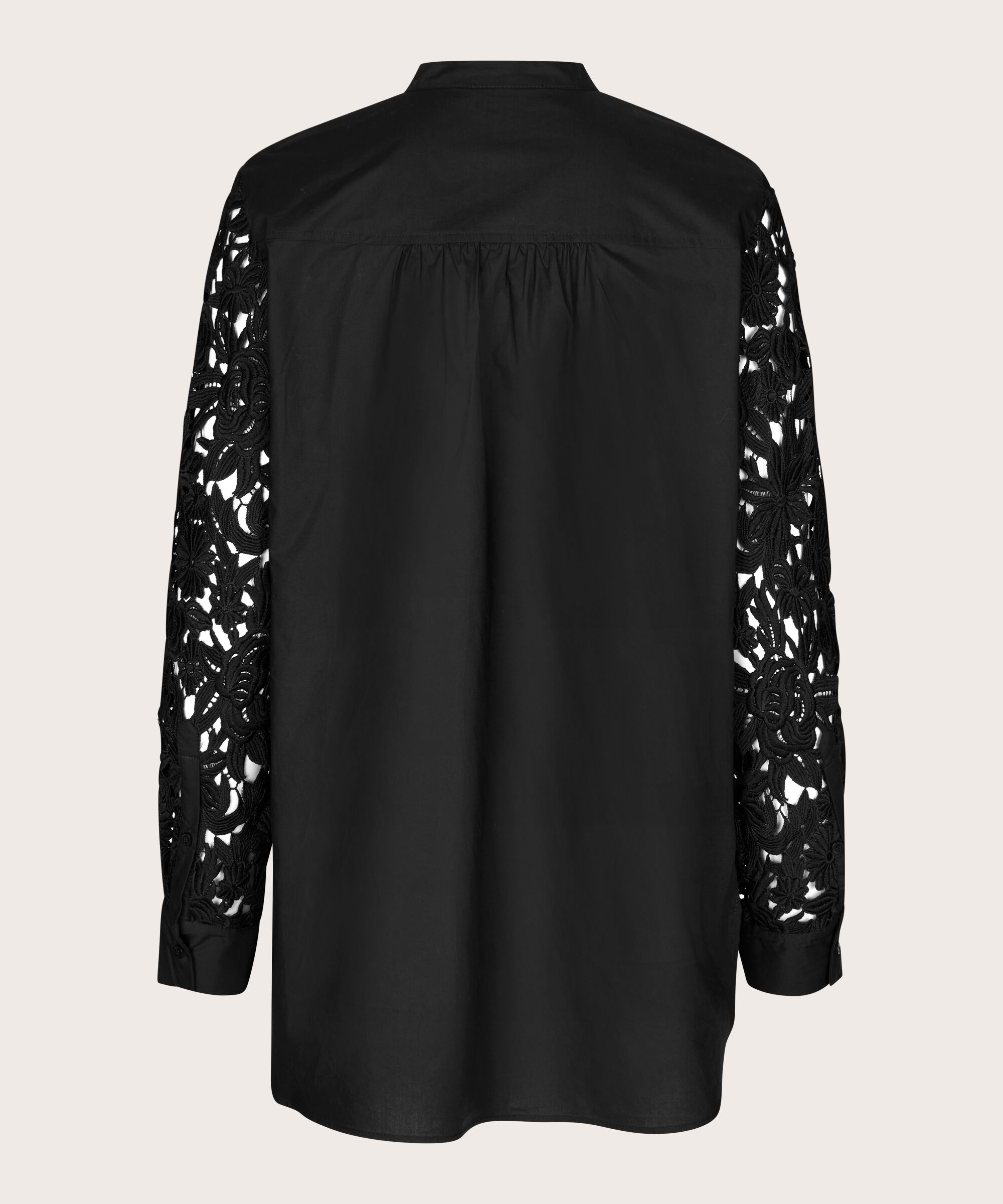 Baumwollhemdbluse mit Spitzenärmeln, Black
