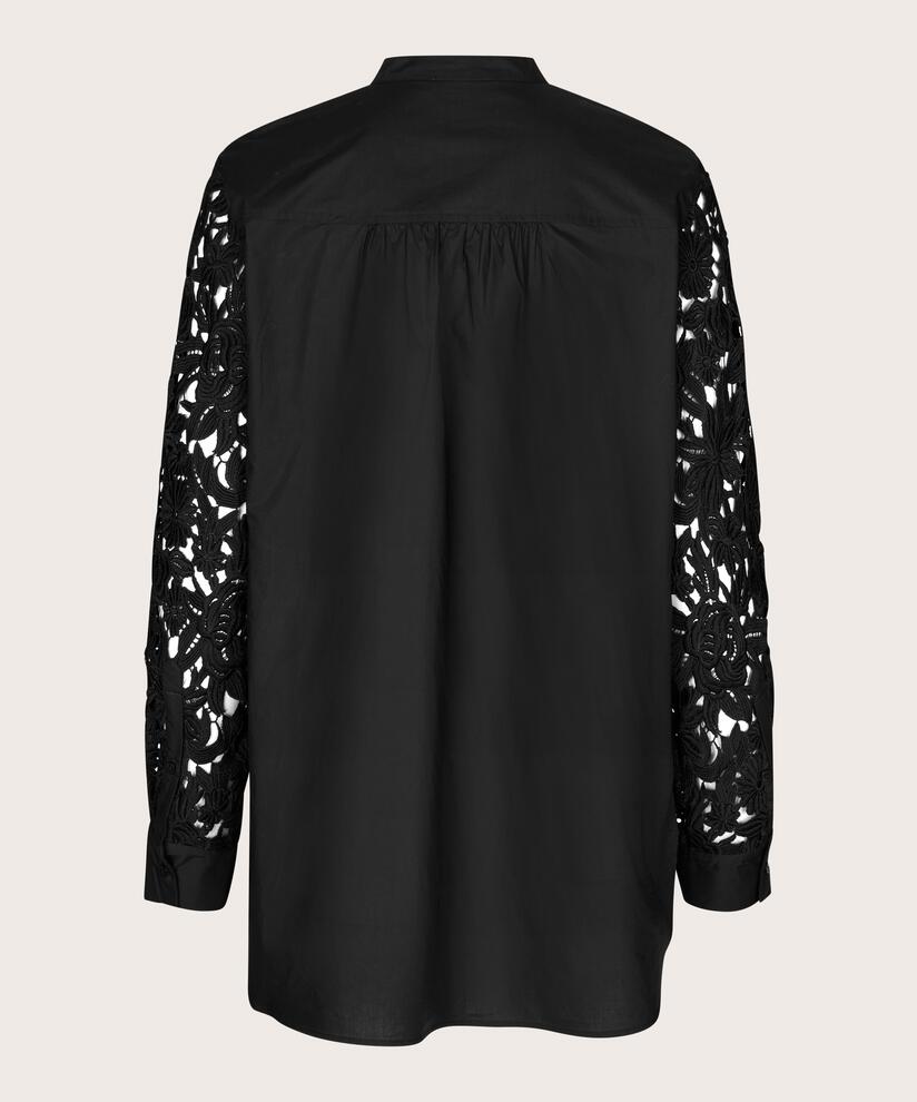 Baumwollhemdbluse mit Spitzenärmeln, Black