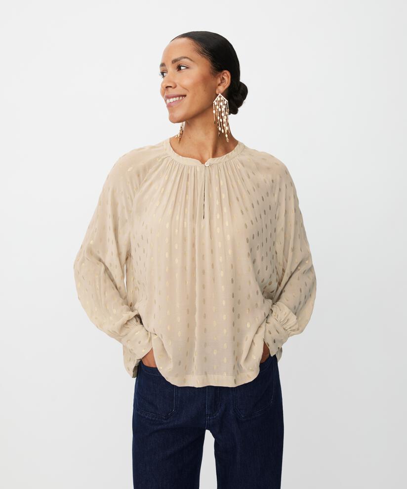 Leicht transparente Bluse mit goldenen Punkten und Knopf am Hals, Oxford Tan