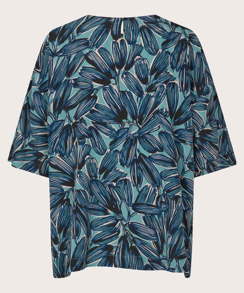 Bedruckte Viskosebluse mit Knopf am Hals, Teal
