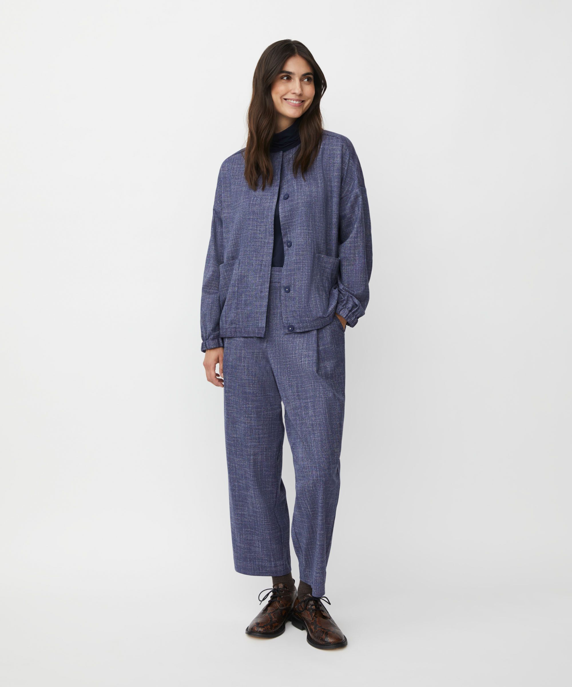 Rundhalsjacke mit verstecktem Knopfverschluss, Navy Blazer