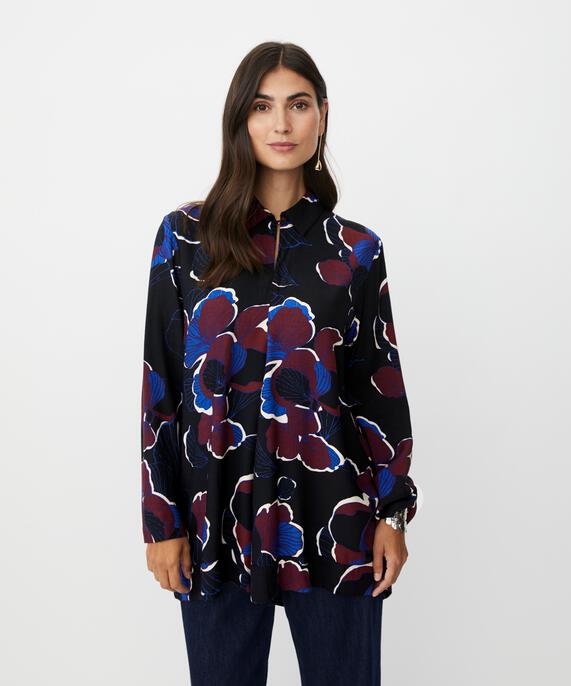 geblümte Viskose-Tunika mit Knopfdetail am Hals, Tawny Port