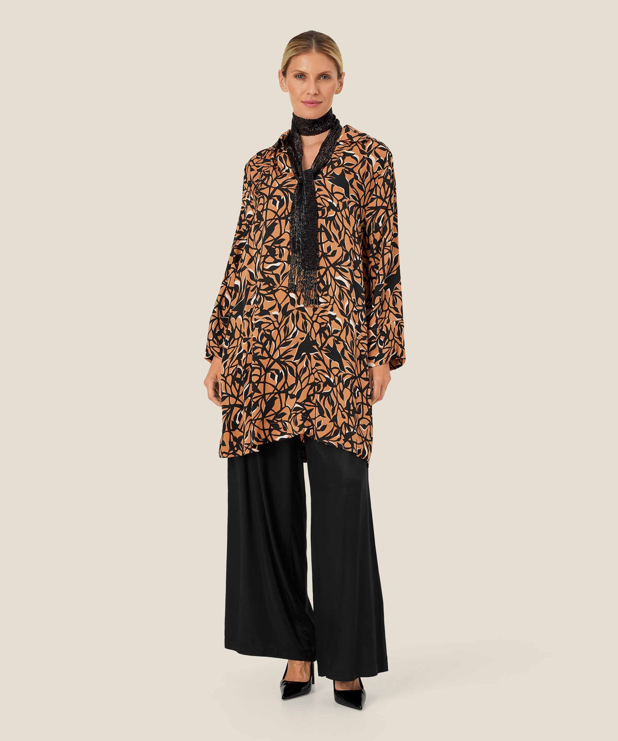 Bedruckte Viskose-Tunika mit langen Ärmeln, Bisquit