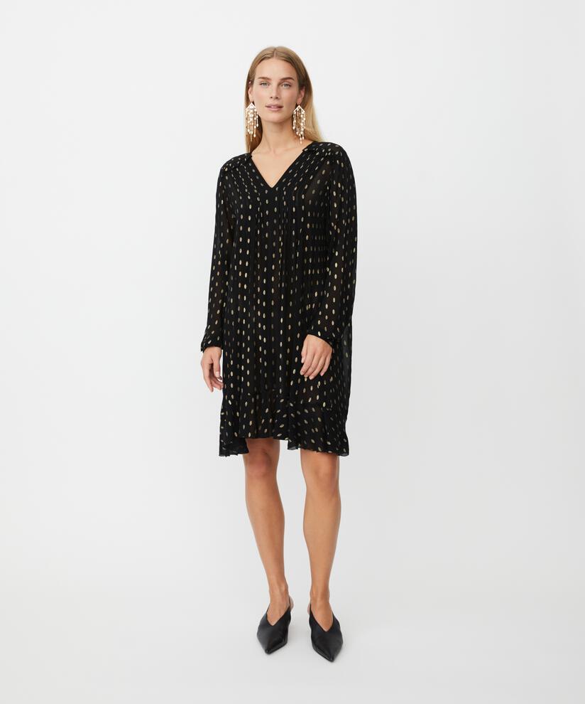 leicht transparentes Kleid mit goldenen Punkten und Rüschendetails, Black