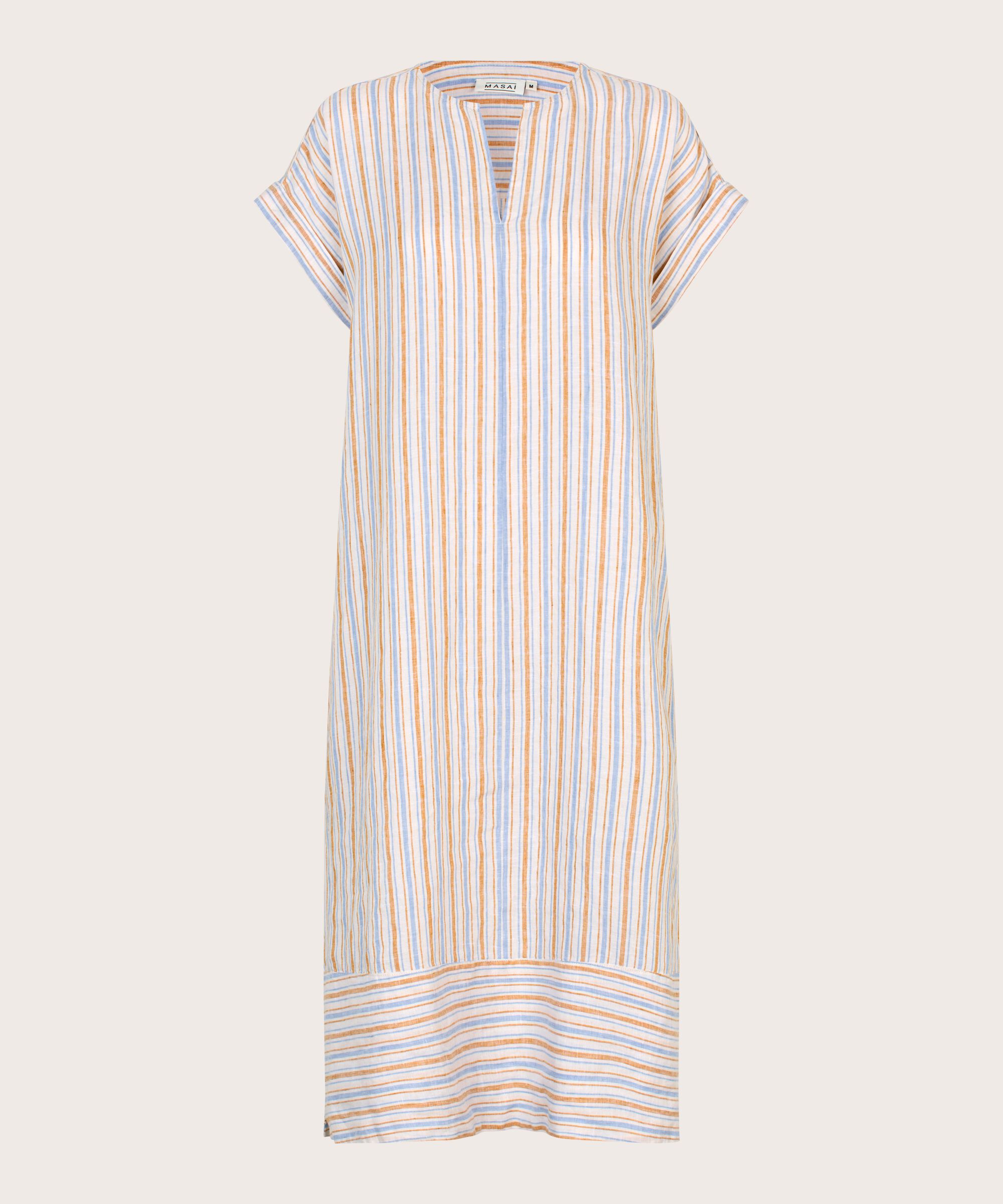 gestreiftes Leinenkleid mit Schlitz am Hals, Inca Gold