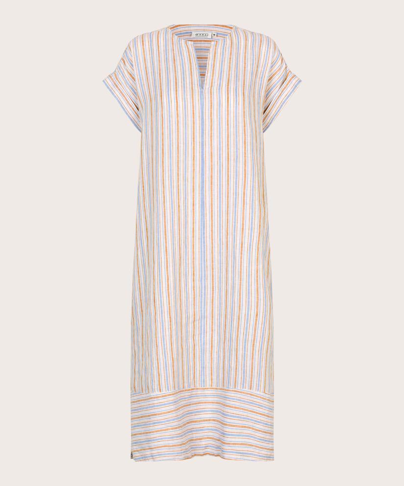 gestreiftes Leinenkleid mit Schlitz am Hals, Inca Gold